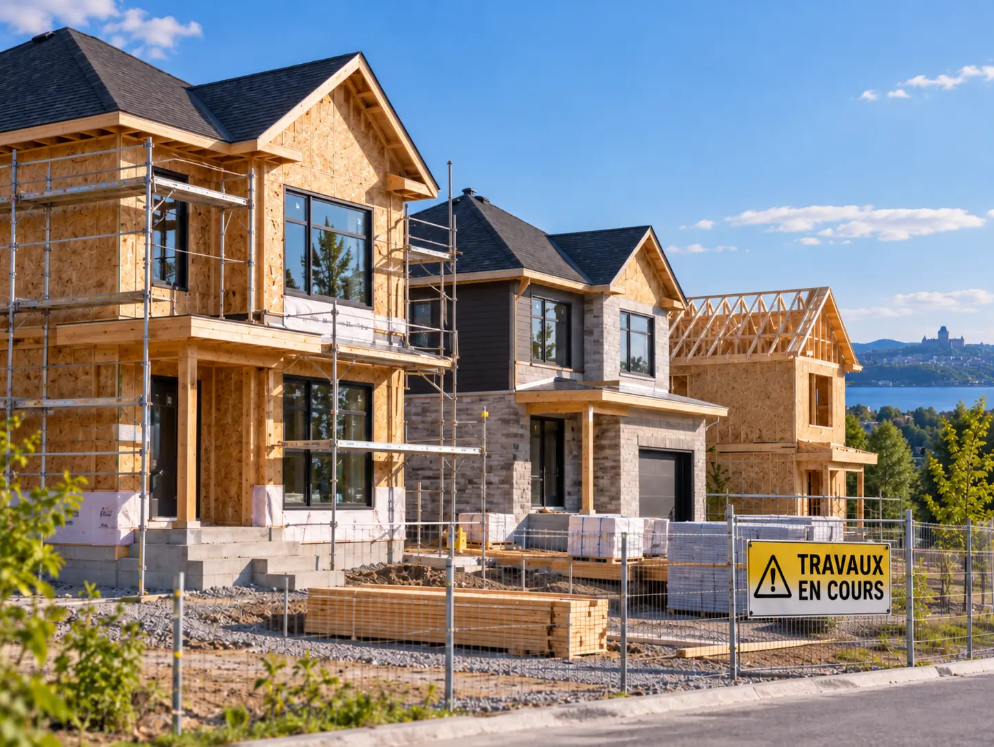 New homes under construction in Quebec with a French construction sign