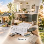 Three blended scenes showing a smaller downsized home, a home being renovated, and a house for sale