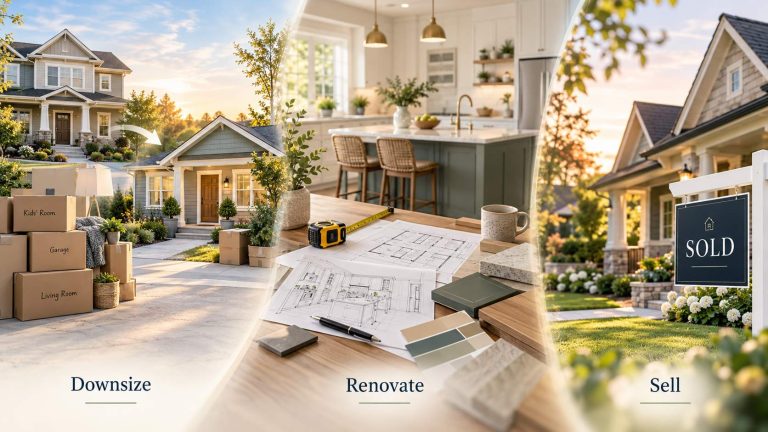 Three blended scenes showing a smaller downsized home, a home being renovated, and a house for sale
