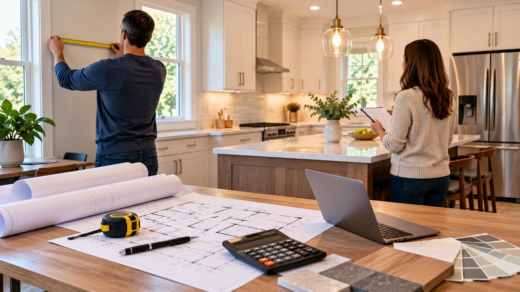 People measuring a kitchen before renovations, with floor plans and a calculator on the table