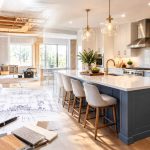 Renovation plans blending into construction and a completed modern kitchen