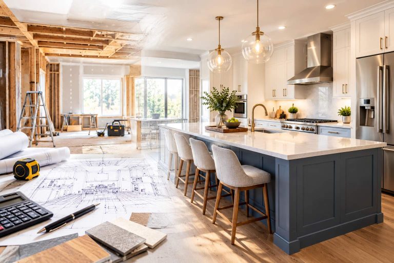 Renovation plans blending into construction and a completed modern kitchen
