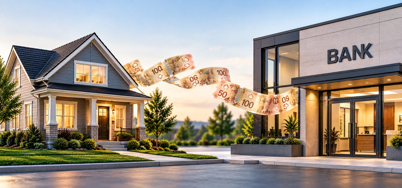 Stream of banknotes flowing from a suburban house toward a modern bank, illustrating mortgage financing and rental income qualification