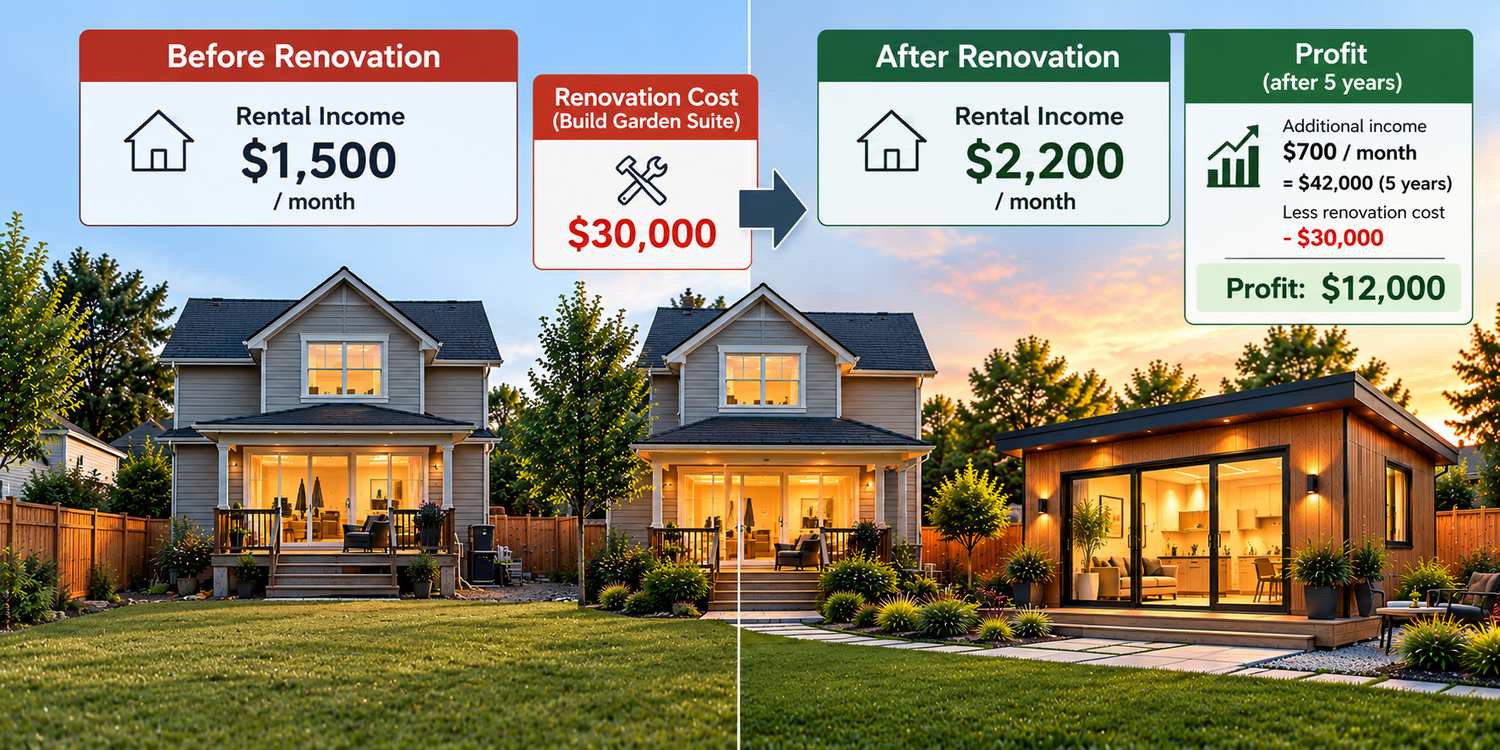 Before and after rental renovation comparison showing increased rental income and five-year renovation return
