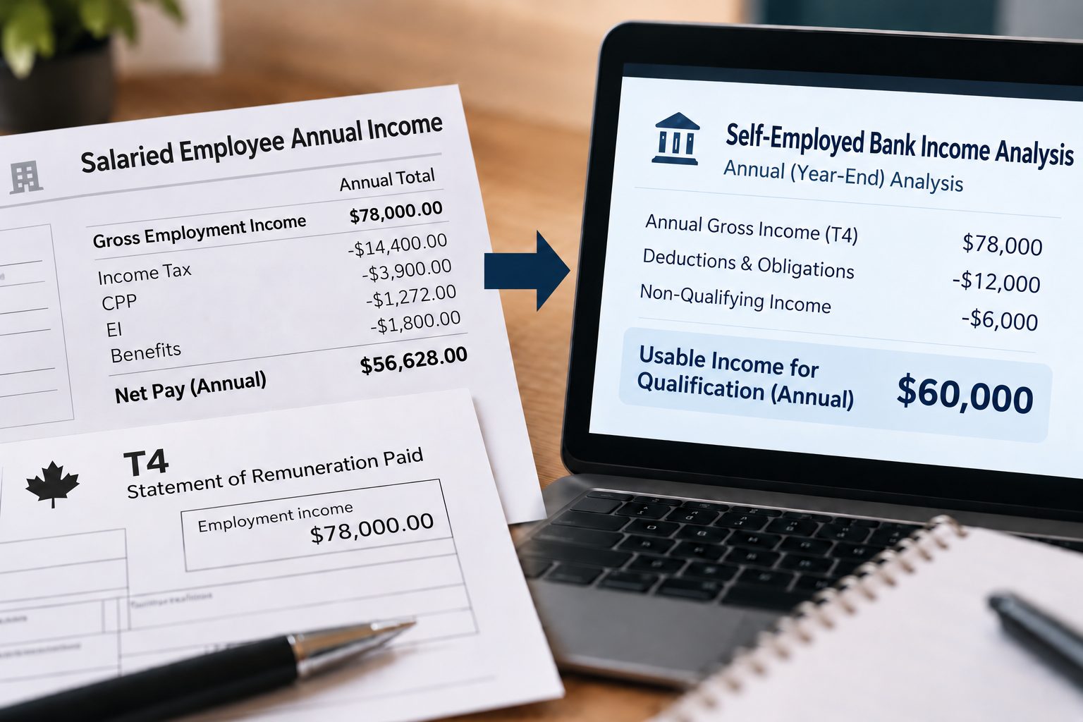 Comparison of salaried employee annual income and self-employed bank income analysis