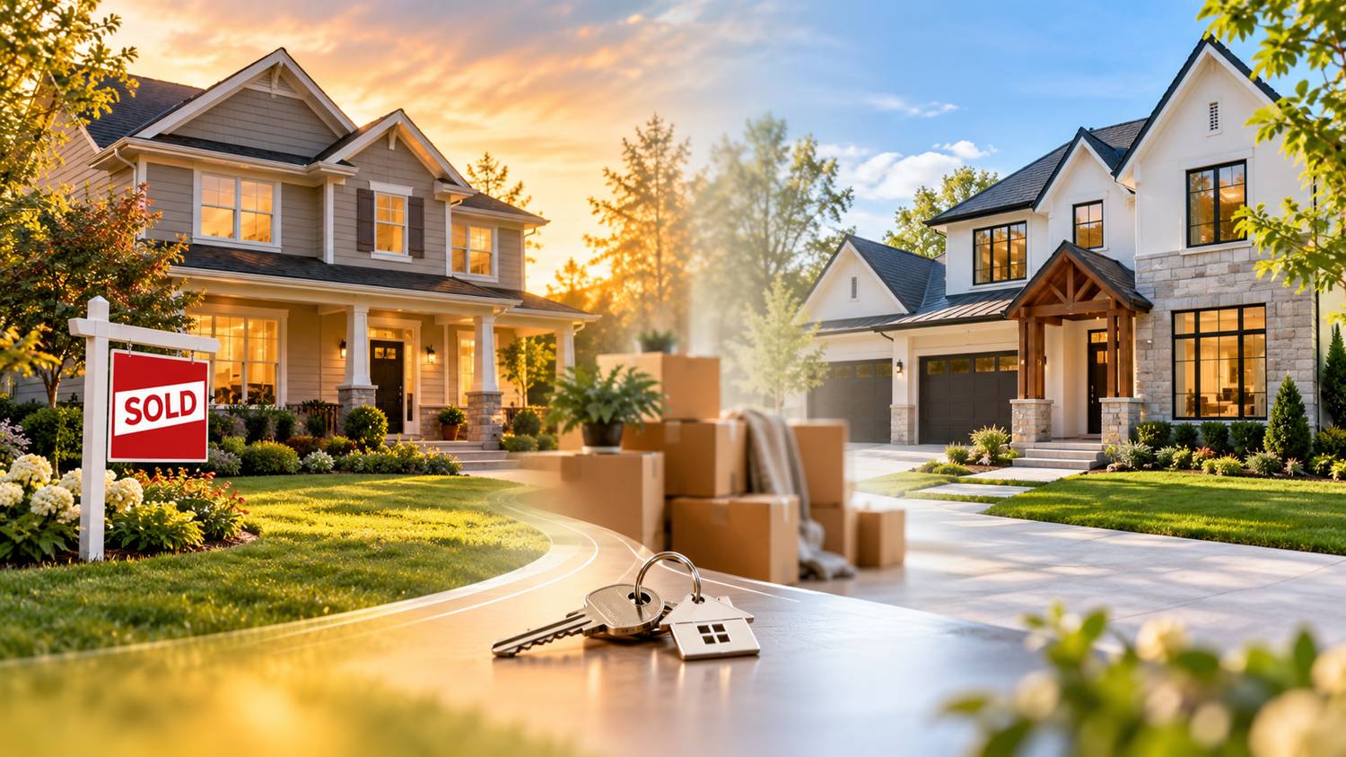 A sold home transitioning into a newly purchased home, with moving boxes and house keys between them
