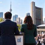 Three speakers on stage at Toronto City Hall addressing an audience