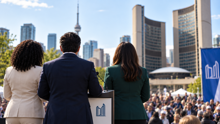 Three speakers on stage at Toronto City Hall addressing an audience