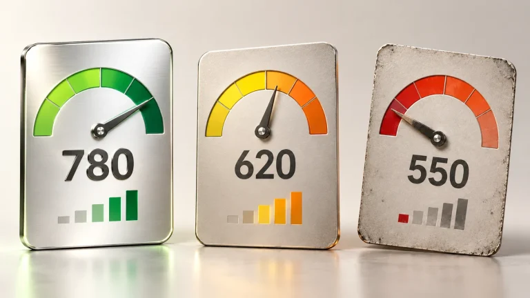 Credit score gauges showing strong, moderate and challenged credit