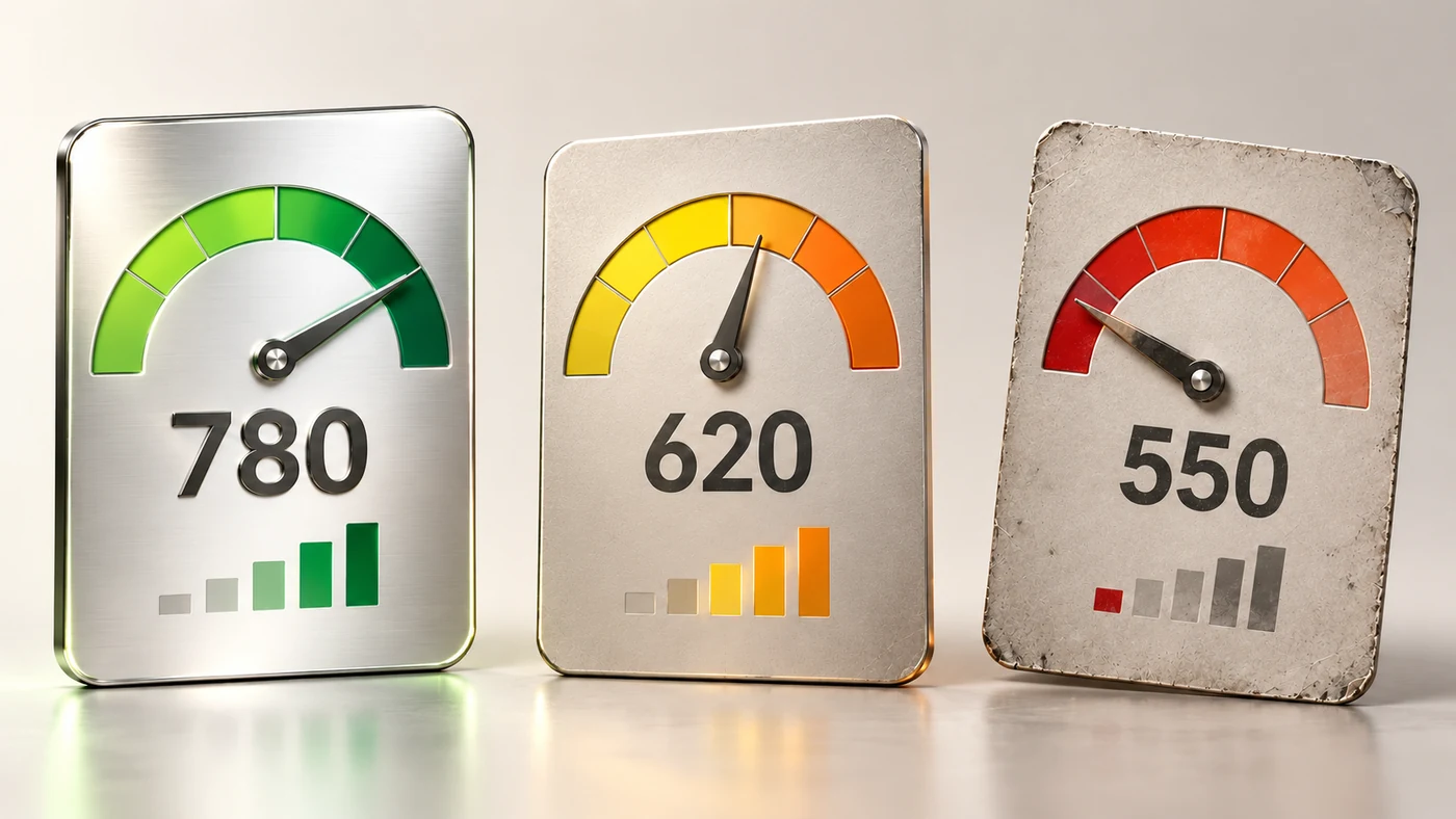 Credit score gauges showing strong, moderate and challenged credit