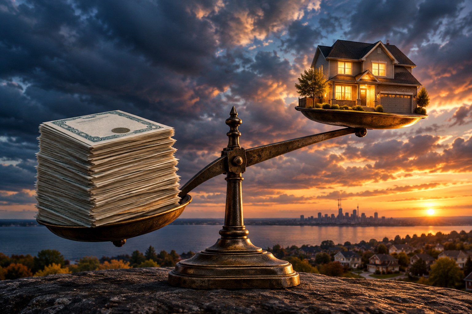 Government bond documents outweigh a model Canadian house on a balance, symbolizing pressure on fixed mortgage rates