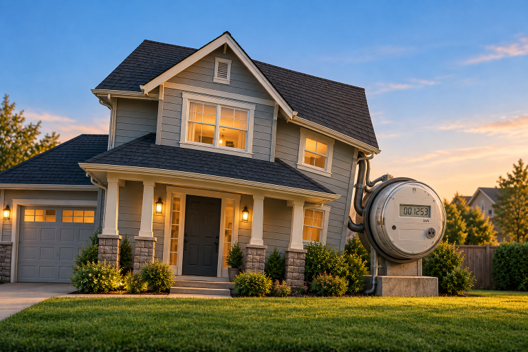 An enlarged electricity meter pulls down the upper part of an Ontario home, illustrating the impact of rising electricity costs.