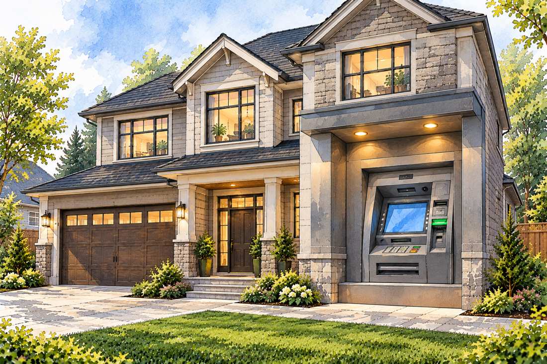 Illustration of a house with a large integrated cash machine representing access to home equity through a HELOC