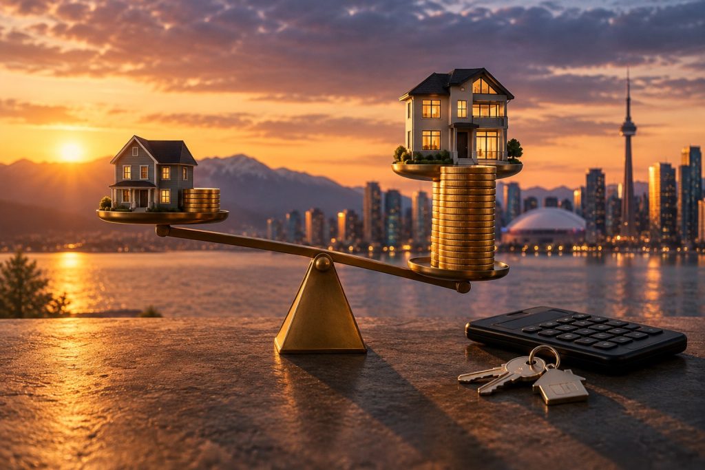 Two houses and coin stacks on an uneven balance, illustrating financial trade-offs in mortgage decisions